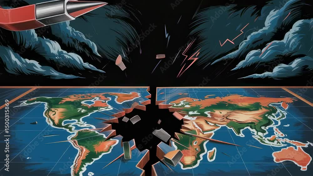Poster magnetic force breaking apart world map, fragmenting continents with intense energy and dramatic vis