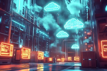 Futuristic city street with glowing neon cloud symbols