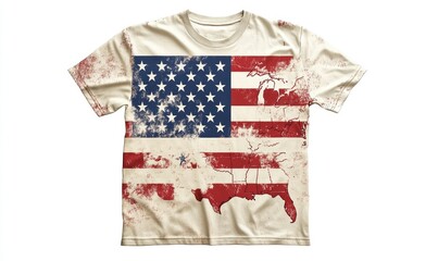 Fototapeta premium Minimalist t-shirt design with American flag and USA map for Independence Day on white background. AI generated illustration.