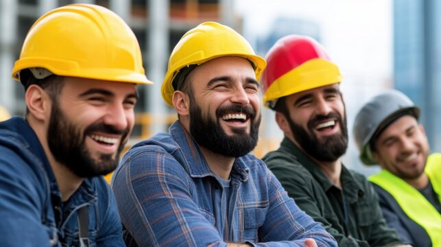 Happy Construction Workers Smiling Together on Building Site with Hard Hats