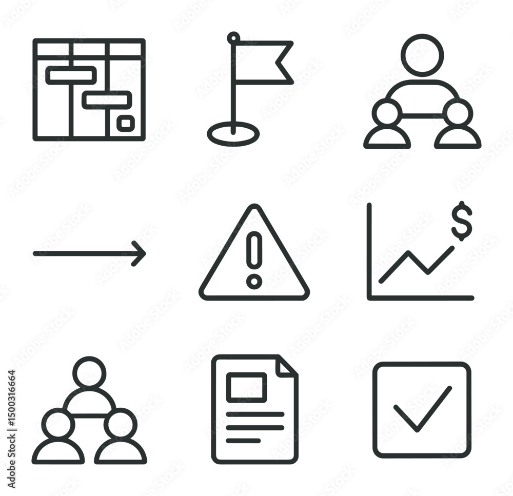 Poster project and rowing icons. outline icon set of project management tasks: gantt chart, milestone flag,
