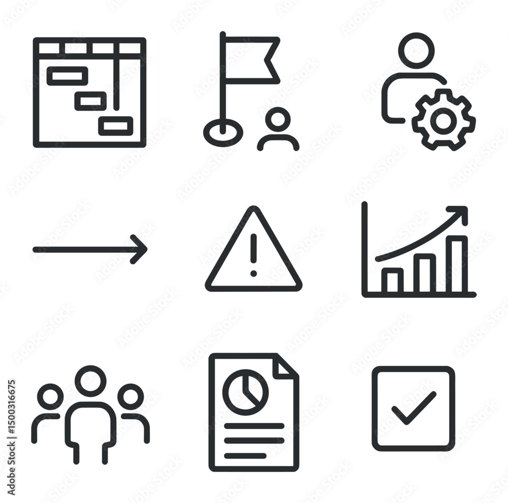 Poster project and rowing icons. outline icon set of project management tasks: gantt chart, milestone flag,