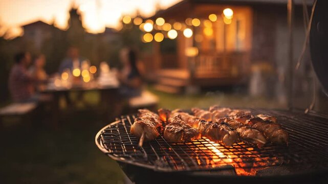 Close-up of meat skewers roasting over flames on a round grill, with softly lit guests enjoying food and conversation in the background.