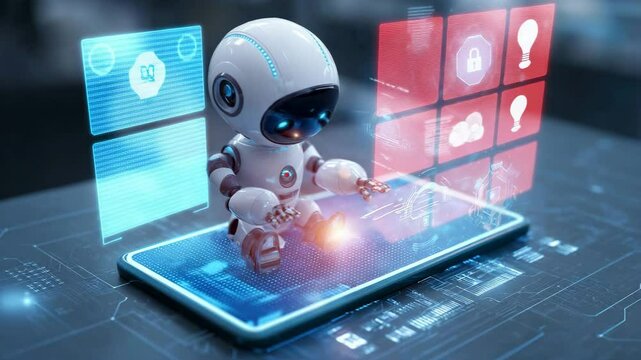 Adorable white futuristic robot sitting on a glowing smartphone, engaging with floating digital icons and cyber data in a high-tech environment.