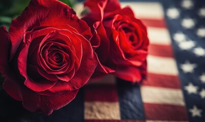 US flag with roses for Memorial Day and Veterans Day. AI generated illustration.