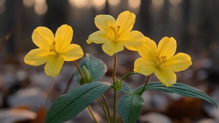 Obraz premium Evening Primrose Oenothera biennis glowing golden hour light at the edge of a forest delicate yellow flowers catching the last rays of the sun tranquil wild nature