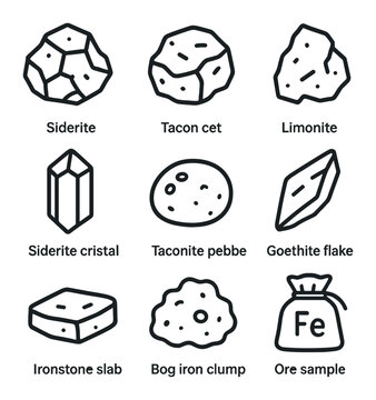 Raw Iron Ore Icons. Outline icon set of raw iron ore types: hematite chunk, magnetite nugget, limonite fragment, siderite crystal,
