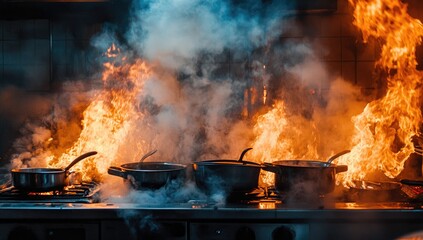 Kitchen fire, pots and pans ablaze