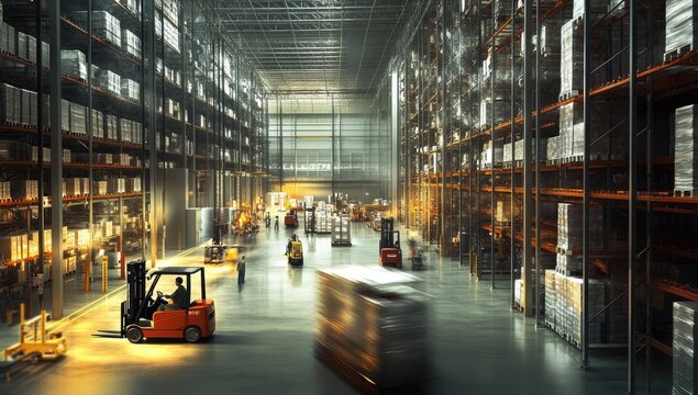 Warehouse interior, filled with stacked shelves, busy with forklift activity
