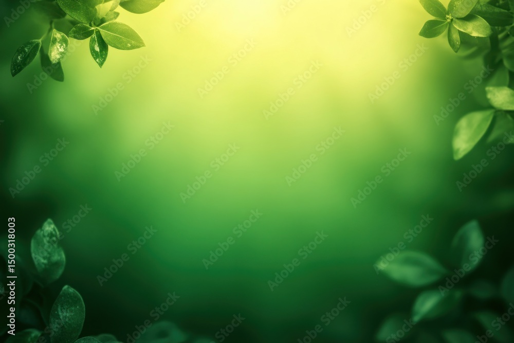 Poster soft glowing green background with fresh green leaves framing the edges, creating a calm and natural