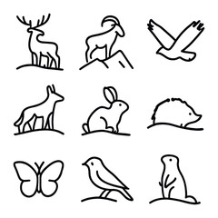 Wildlife Outline Icons. Outline icon set of wildlife on hills: deer silhouette, mountain goat, eagle in flight, fox, rabbit,