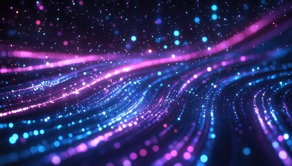 Naklejka premium Abstract swirling lines of vibrant pink and blue light particles on a dark background