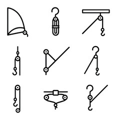 Obraz premium Sailing Rigging Icons. Outline icon set of sailing rigging: staysail sheet, halyard, outhaul line, downhaul, vang line, topping