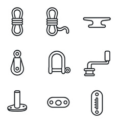 Fototapeta premium Sailing Rigging Icons. Outline icon set of detailed sail rigging: halyard rope, sheet line, cleat, block pulley, shackle, winch
