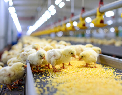 Fluffy chicks exploring vibrant environment filled with feed, showcasing their curious nature and lively spirit in poultry farm setting