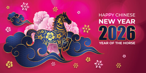 Year of the horse, Chinese New Year 2026 banner with blue horse and cloud design