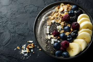 Colorful fruit and nut toppings on a dark gray smoothie bowl.