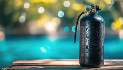 Black scuba tank on wooden deck, pool background