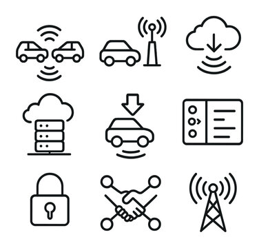 V2X Communication Icons. Outline icon set of vehicle-to-everything communication: V2V signal, V2I beacon, cloud link, edge server,