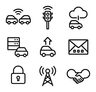 V2X Communication Icons. Outline icon set of vehicle-to-everything communication: V2V signal, V2I beacon, cloud link, edge server,