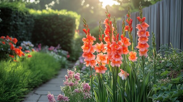 Gladiolus Gladiolus hortulanus standing tall a well kept flower bed fiery red and orange blooms catching afternoon sunlight surrounded by green hedges and a wooden fence