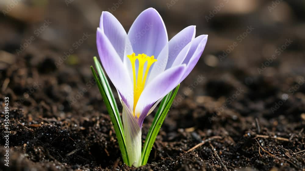 Poster macro timelapse of half-open crocus flower bud blossoming in soil