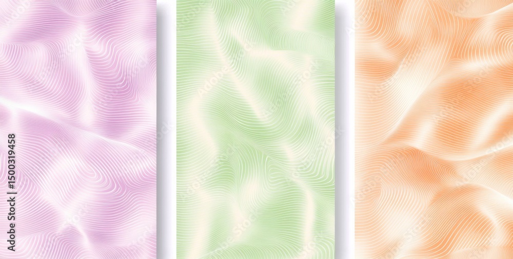 Poster set of three seamless pastel vector patterns in orange, green, and pink with abstract wavy lines for