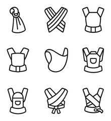 Sling Icon Set. Outline icon set of sling types: ring sling, stretchy wrap, woven wrap, mei tai, pouch sling, buckle carrier, soft