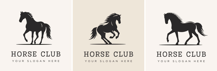 Riding Horse Head Silhouette Logo Set Vector 2026 New Year Symbol Riding Illustration White Shape Black Isolated Icon Animal Art