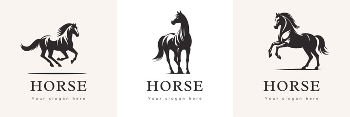 Obraz premium Riding Horse Head Silhouette Logo Set Vector 2026 New Year Symbol Riding Illustration White Shape Black Isolated Icon Animal Art