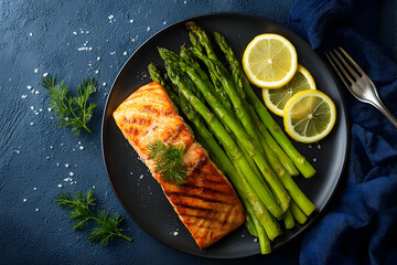 Grilled salmon fillet with asparagus and lemon.