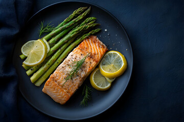 Roasted salmon with asparagus and lemon.