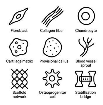 Soft Callus Icons. Outline icon set of soft callus formation: fibroblast, collagen fiber, chondrocyte, cartilage matrix,