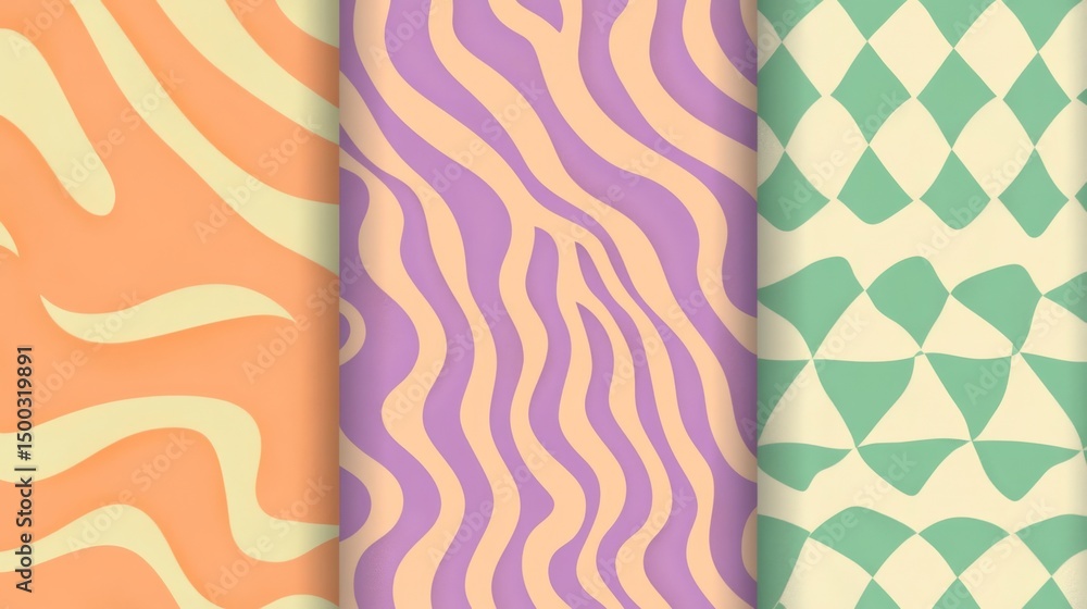Poster set of three seamless pastel vector patterns in orange, green, and pink with abstract wavy lines for
