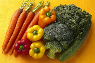 Fresh vegetables arranged on a yellow surface.