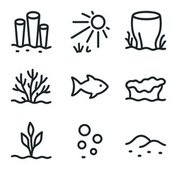 Sponge Garden Icons. Outline icon set of sunlit coral reef: sunray, brain coral, staghorn coral, clownfish, sea anemone, starfish,
