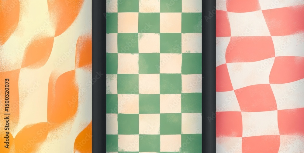 Poster set of three seamless pastel vector patterns in orange, green, and pink with abstract wavy lines for