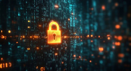 Digital lock symbol glowing amid streams of binary code representing cybersecurity and data protection in a high-tech environment