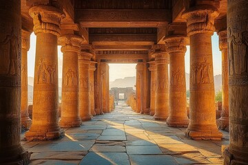 Fototapeta premium Ancient temple corridor with tall engraved stone columns casting long shadows in warm golden light