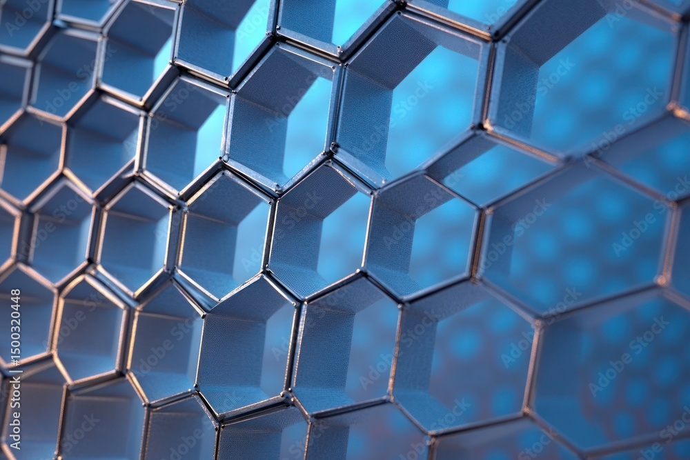 Poster close-up view of a blue metallic honeycomb structure with hexagonal cells illuminated by soft lighti