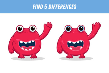 Find 5 differences between two pictures of funny red monster. Cute alien. Vector illustration
