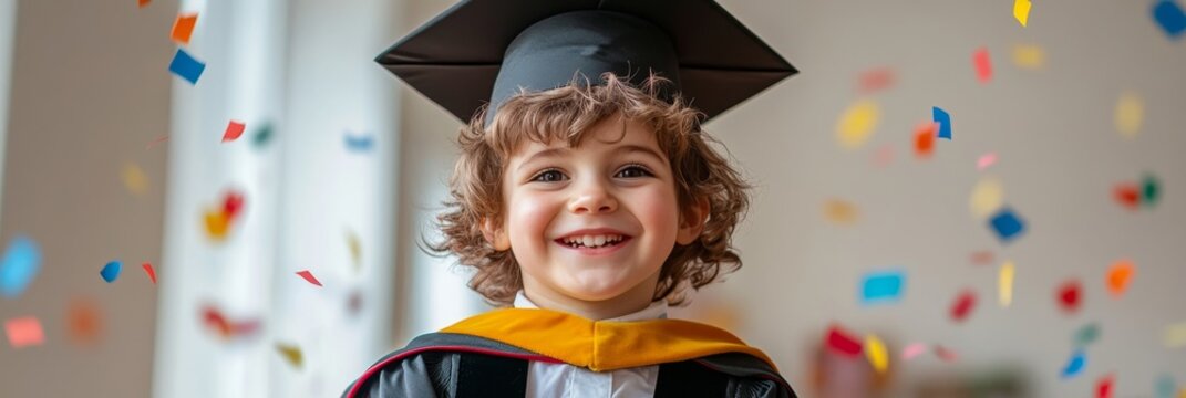 Portrait of happy preschool boy in graduation cap celebrating graduation day. Confetti falling down