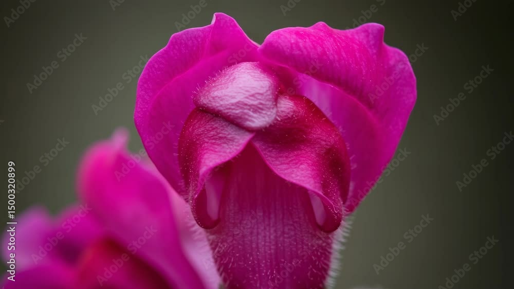 Poster close-up of half-open pink flower bud on dark background - concept of macro timelapse: half-open flo