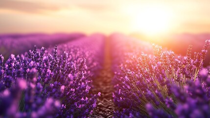 Fototapeta premium Lavender Lavandula angustifolia fields full bloom sunset rows of purple flowers fading into glowing horizon dirt path leading into distance natural French countryside landscape soft light warm tones