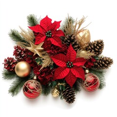 Festive Christmas arrangement of poinsettias, pine cones, ornaments, and greenery
