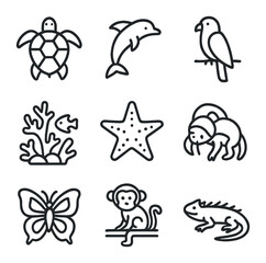Tropical Wildlife and Transport Icons. Outline icon set of tropical wildlife encounters: sea turtle, dolphin, exotic bird, coral