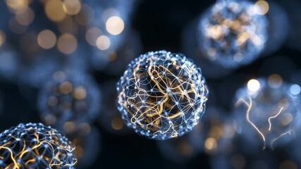 Spherical structures with intricate luminous filaments resembling neural pathways, suspended in dark background with bokeh lights - Powered by Adobe