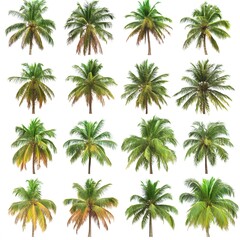 Collection of Tropical Coconut Palm Trees Isolated on White Background