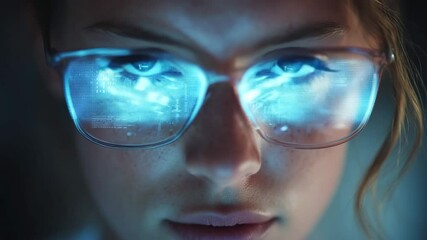 Close-up of pensive caucasian woman looking down at glowing screen with bright data reflections on glasses in moody lighting, concept of futuristic tech immersion - Powered by Adobe