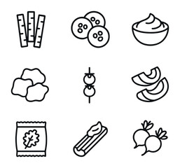 Plakat Vegetable Snack Icons. Outline icon set of healthy vegetable snack ideas: carrot sticks, cucumber slices, hummus dip, veggie chips